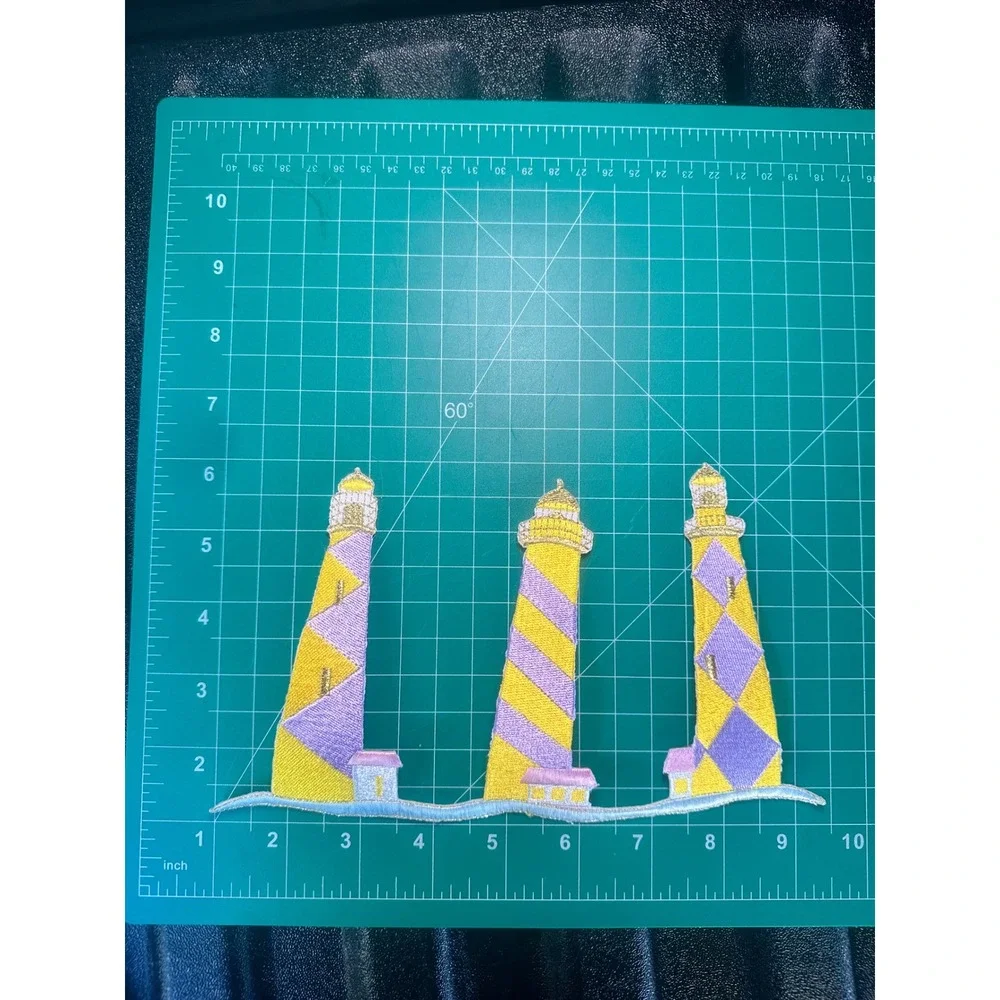 Lighthouse Trio iron On Patch Embroidered Pastel Yellow‎ Pink Coastal Nautical